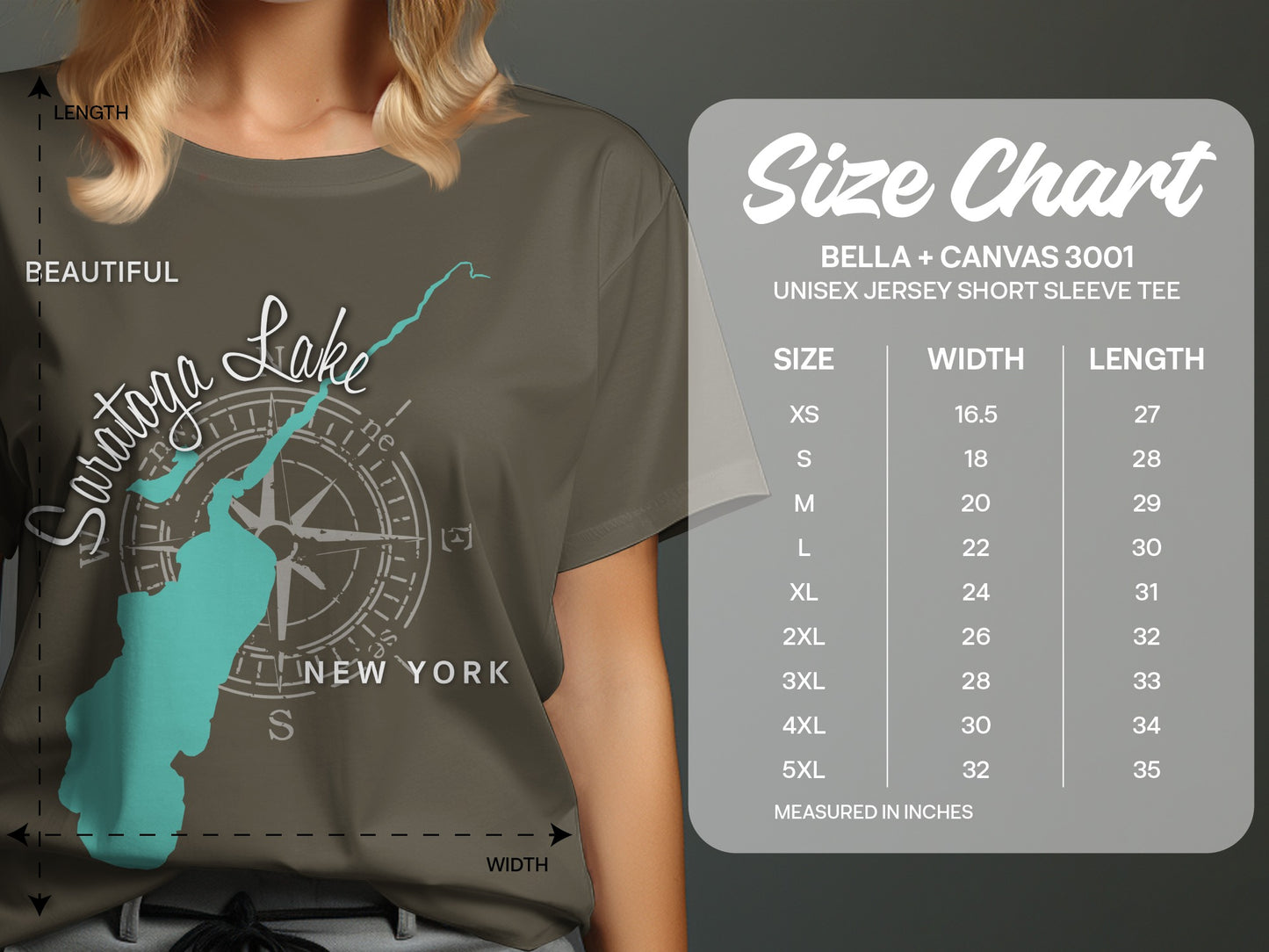 Size chart for Bella + Canvas 3001 unisex t-shirts with Saratoga Lake graphic.