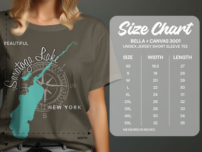 Size chart for Bella + Canvas 3001 unisex t-shirts with Saratoga Lake graphic.