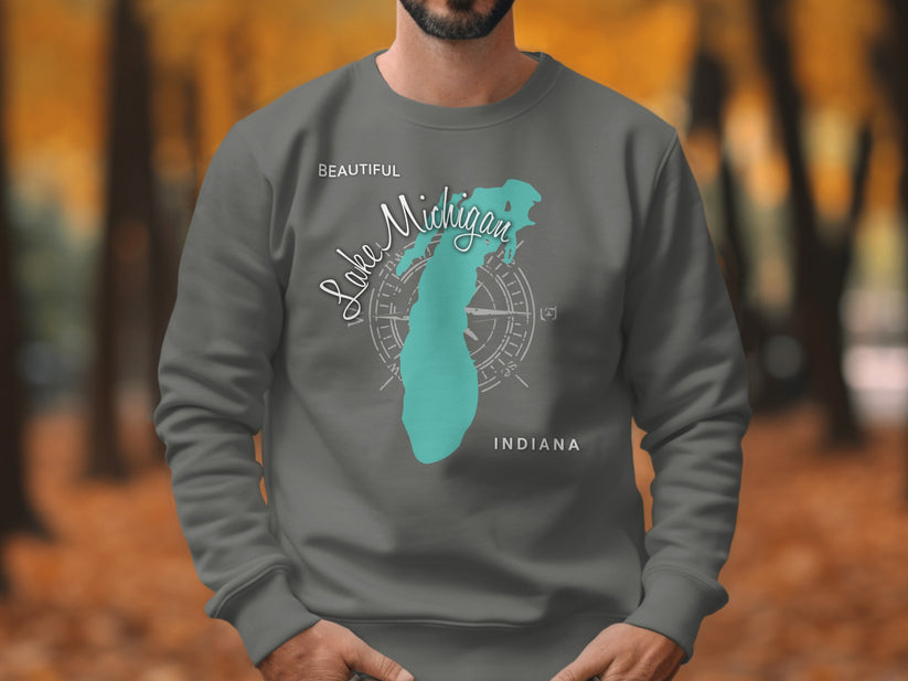 Gray sweatshirt with "Beautiful Lake Michigan Indiana" graphic and compass.
