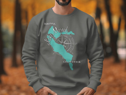 Grey sweatshirt with "Beautiful Lake Merced California" map and compass graphic.