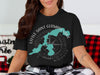 Black t-shirt with Little Saint Germain Lake map and compass design.