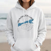 White hoodie with Huntington Lake California design and compass graphic.