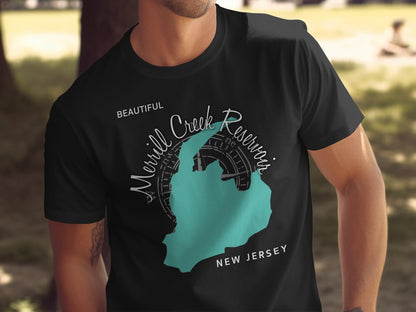 Black t-shirt with Merrill Creek Reservoir map and "NEW JERSEY" text.