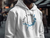 White hoodie with a blue Lake Springfield map and compass design.