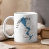 White mug with blue Lizard Lake map, compass, and Minnesota text.