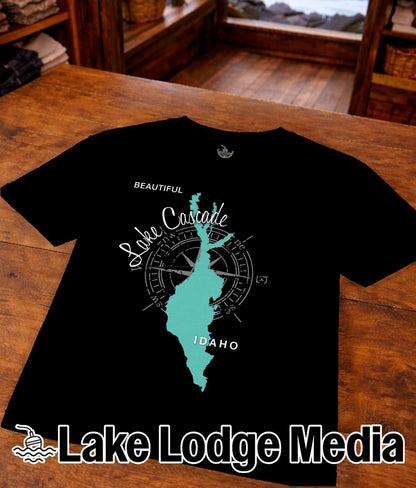 Black t-shirt with "Beautiful Lake Cascade Idaho" and compass design.