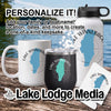 White mug, black tumbler, and white water bottle with Lake Winnebago graphics.