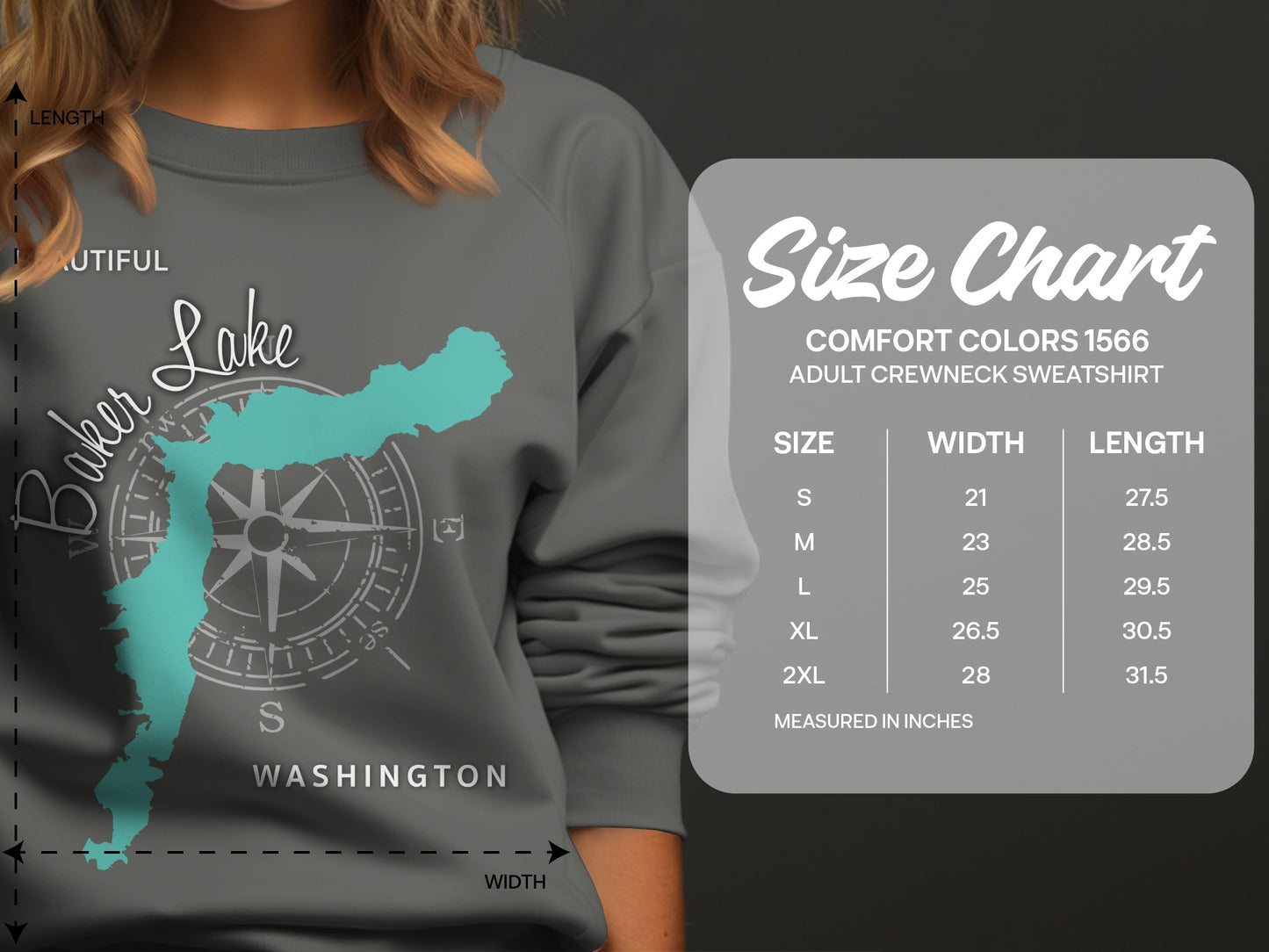 Size chart for Comfort Colors 1566 adult crewneck sweatshirt with measurements.