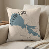 Clear Lake California map design on a beige linen pillow with a compass rose.