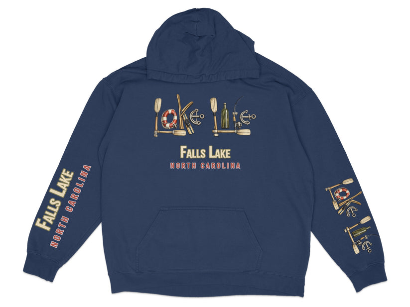 Navy hoodie with "Falls Lake North Carolina" text and nautical graphics.