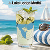 Glass with lime and mint beverage, with "Lake Cuyamaca California" on it.