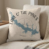 Pillow with Lake O' the Pines map, compass rose, and "TEXAS" text.