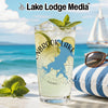 Glass of lemonade with lime and mint, "Enbrook Lake Texas" logo, beach background.