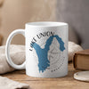 White mug with blue Lake Union map, compass, and Washington text.