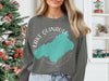 Sweatshirt with turquoise outline map of Lake Quinault, Washington and compass rose.