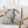 Lake Ray Hubbard Texas map design on light gray pillow on armchair.