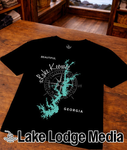 Black t-shirt with "Beautiful Lake Keowee Georgia" and a compass graphic.