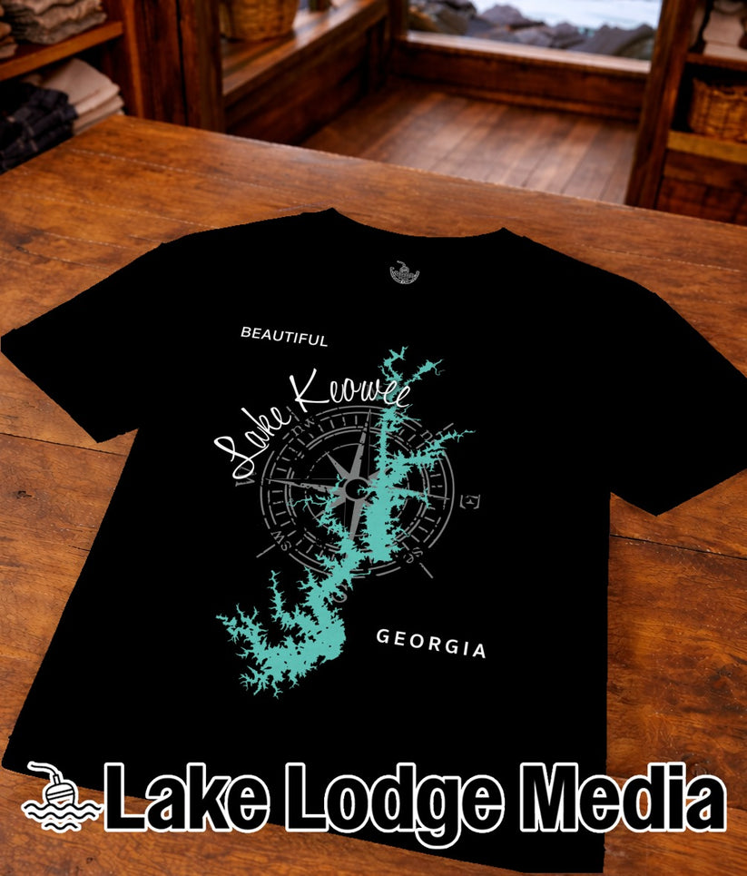 Black t-shirt with "Beautiful Lake Keowee Georgia" and a compass graphic.