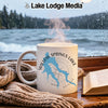 White mug with Willow Springs Lake Arizona design and steam.