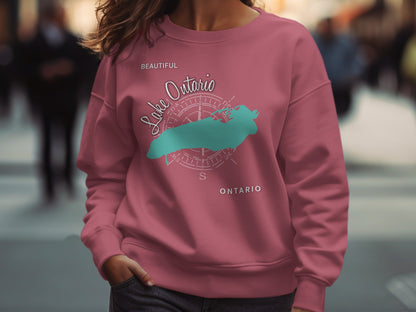 Crewneck sweatshirt with "Lake Ontario Beautiful Ontario" text and compass rose graphic.