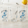 Three clear glasses feature a blue map of Chain O'Lakes, Illinois and a compass rose.