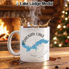 White mug with "Ashokan Lake New York" map design and steam.