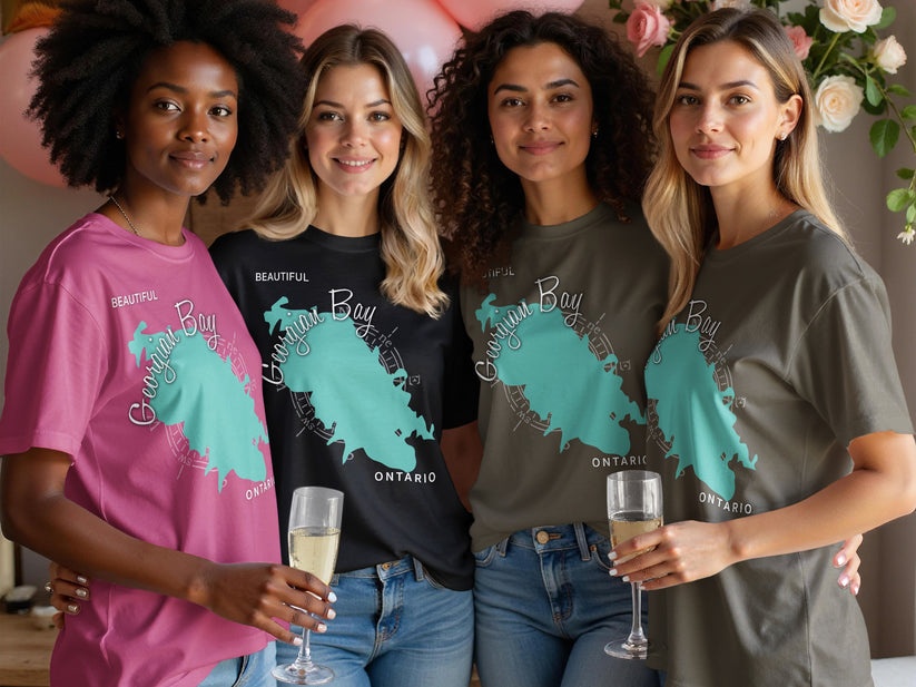 Four women in t-shirts featuring a map of Georgian Bay, Ontario.