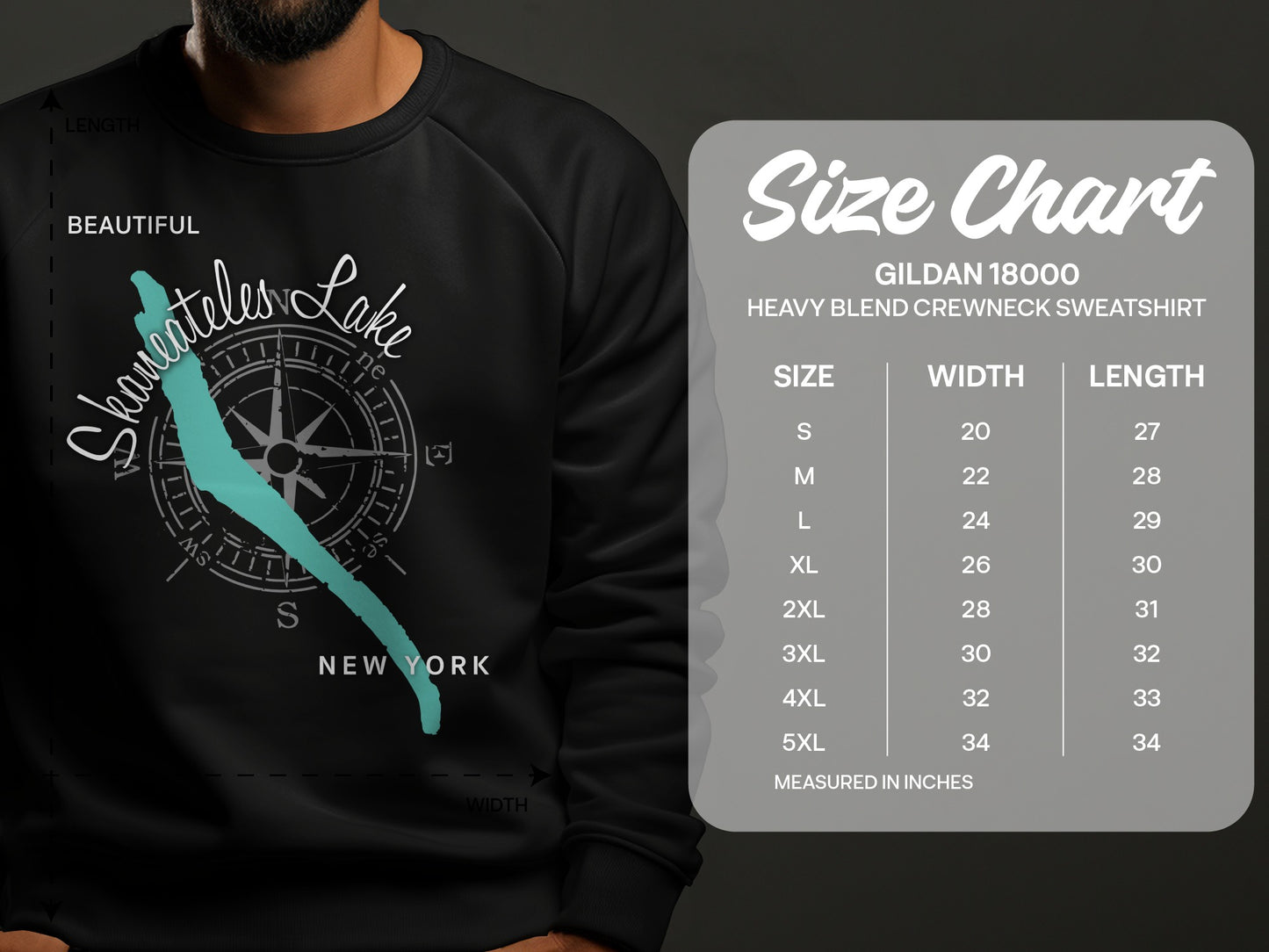 Skaneateles Lake graphic on sweatshirt with size chart for Gildan 18000 sweatshirt.
