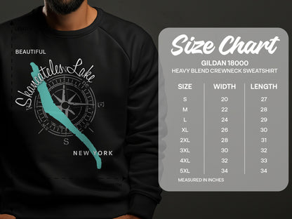 Skaneateles Lake graphic on sweatshirt with size chart for Gildan 18000 sweatshirt.