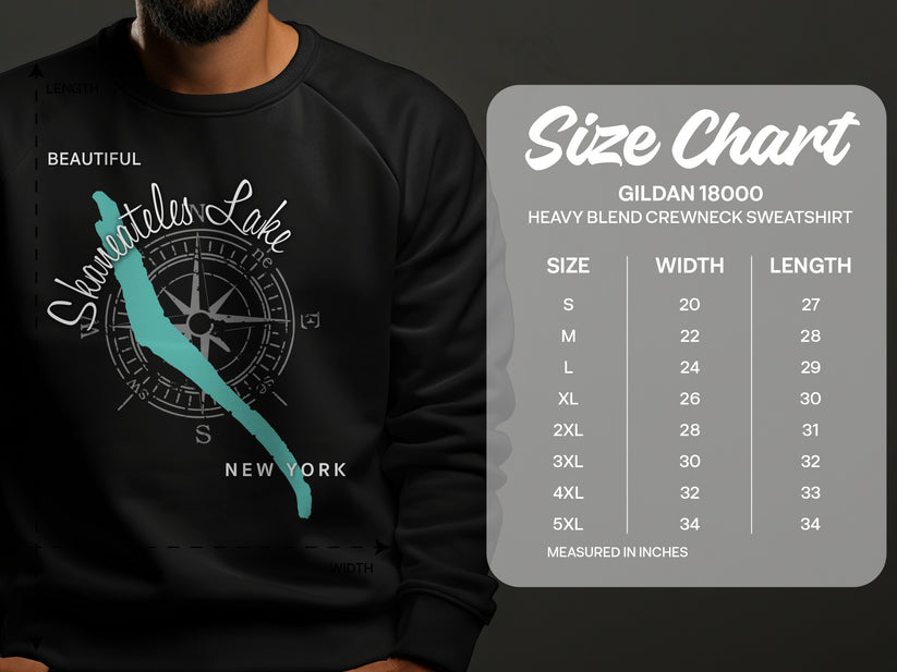 Skaneateles Lake graphic on sweatshirt with size chart for Gildan 18000 sweatshirt.