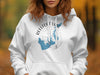 White hoodie with a map of Reelfoot Lake Tennessee and a compass graphic.