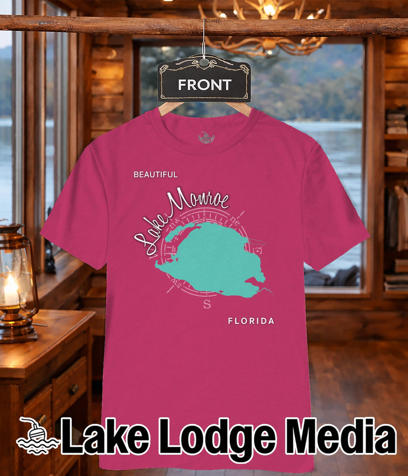 Pink t-shirt with "Lake Monroe" map and compass graphic.