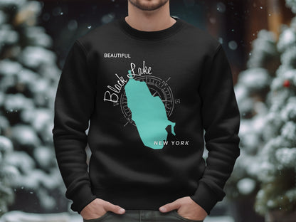 Black Lake New York map graphic on black sweatshirt.