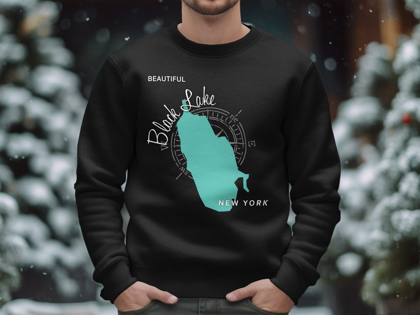 Black Lake New York map graphic on black sweatshirt.