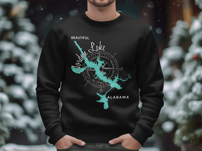 Black sweatshirt with turquoise map of Jordan Lake, Alabama and compass rose.