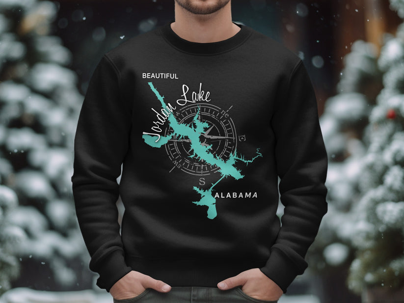 Black sweatshirt with turquoise map of Jordan Lake, Alabama and compass rose.