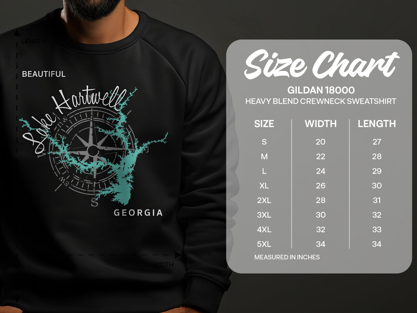 Crewneck sweatshirt with Lake Hartwell map graphic and size chart.