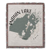 Woven blanket featuring a map of Indian Lake, Ohio, with fringed edges.