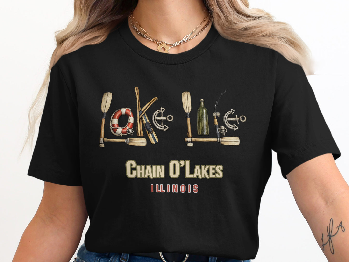 Black t-shirt featuring "CHAIN O'LAKES ILLINOIS" with lake and boating graphic.