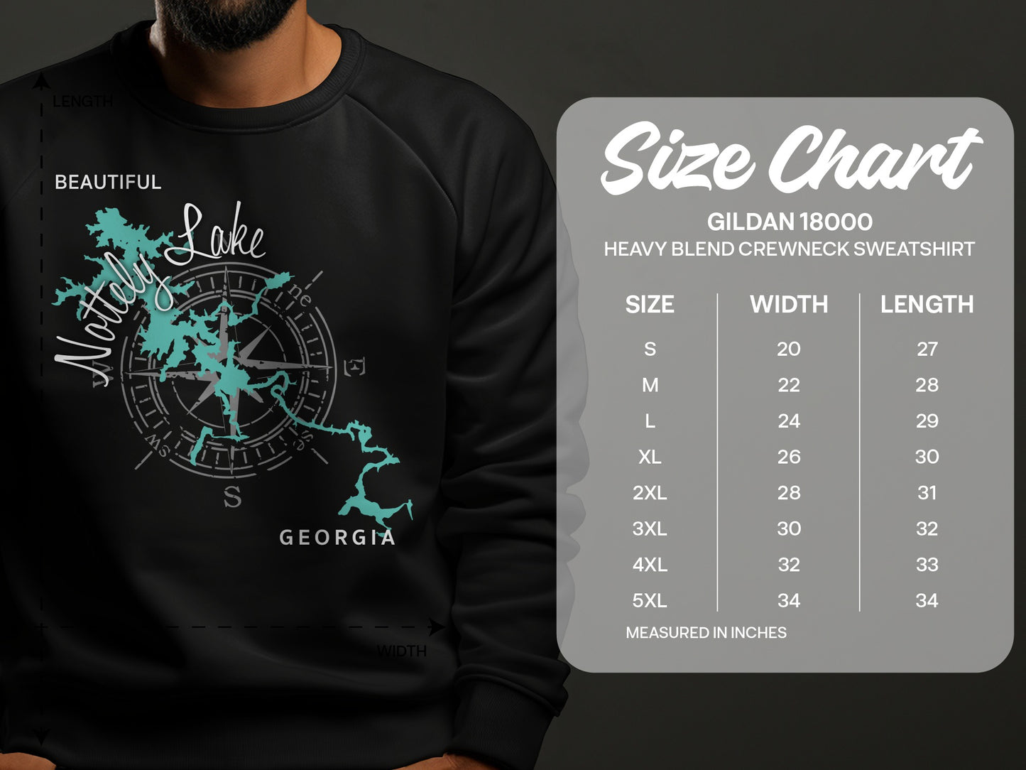 Crewneck sweatshirt with Nottely Lake Georgia map graphic and size chart.
