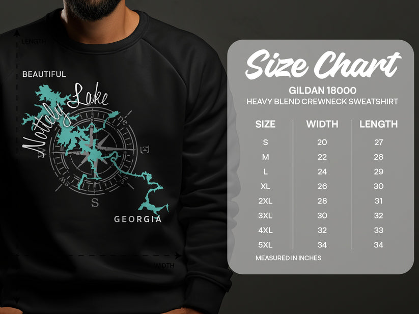 Crewneck sweatshirt with Nottely Lake Georgia map graphic and size chart.