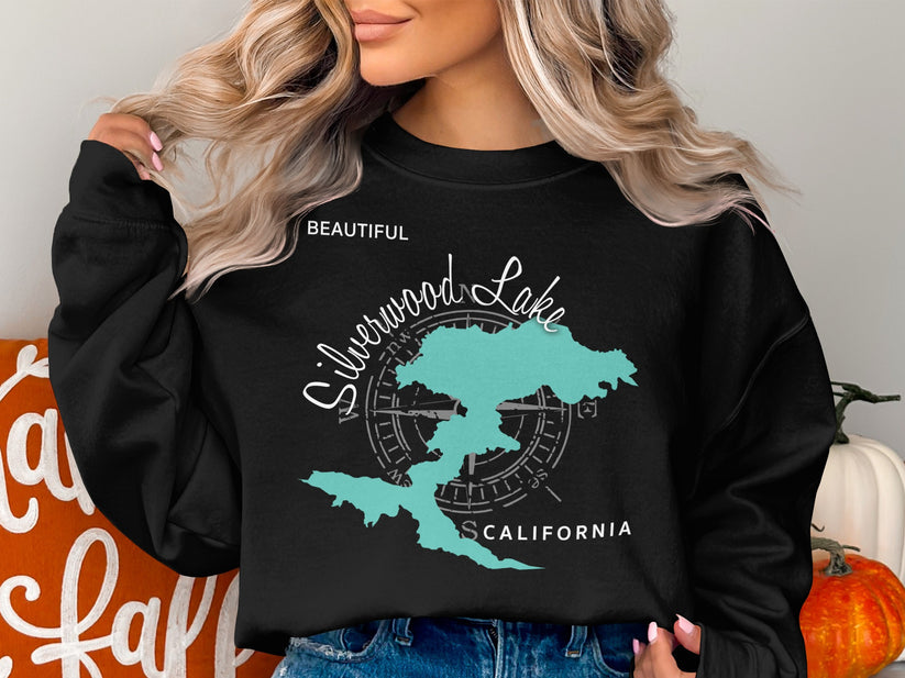Black sweatshirt with Silverwood Lake map and compass design.
