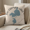 Light beige pillow with blue Big Chapman Lake Indiana map and compass design.
