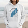 White hoodie with Rattlesnake Lake Washington map and compass graphic.
