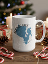 White mug with Sebago Lake Maine map design and compass rose graphic.