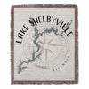 Woven blanket with Lake Shelbyville map and compass design, Illinois text.