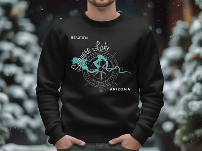 Black crewneck sweatshirt with Saguro Lake map and compass graphic.