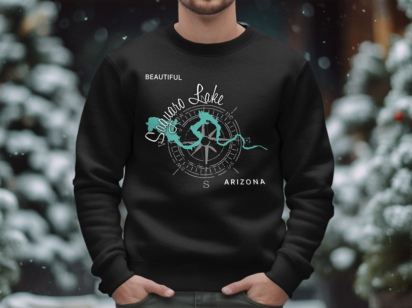 Black crewneck sweatshirt with Saguro Lake map and compass graphic.
