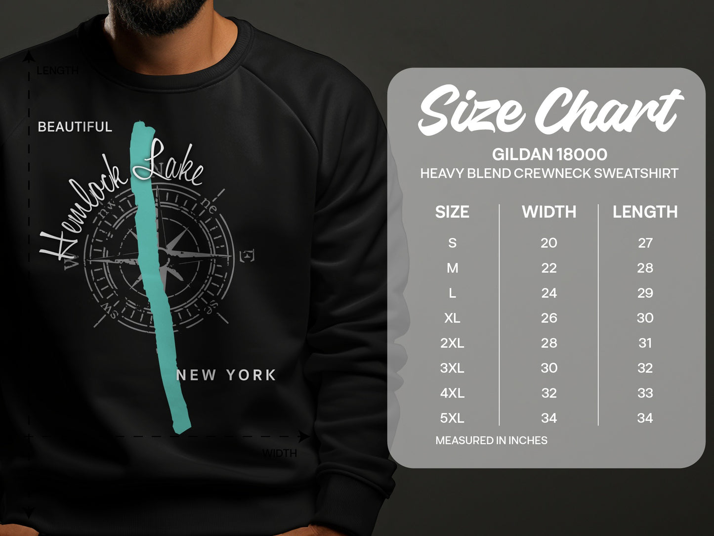 Sweatshirt with Hemlock Lake graphic and size chart for Gildan 18000 sweatshirt.