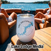 A white stainless steel tumbler rests on a wooden table on a boat, featuring a blue map graphic of Lake Wallenpaupack, Pennsylvania.